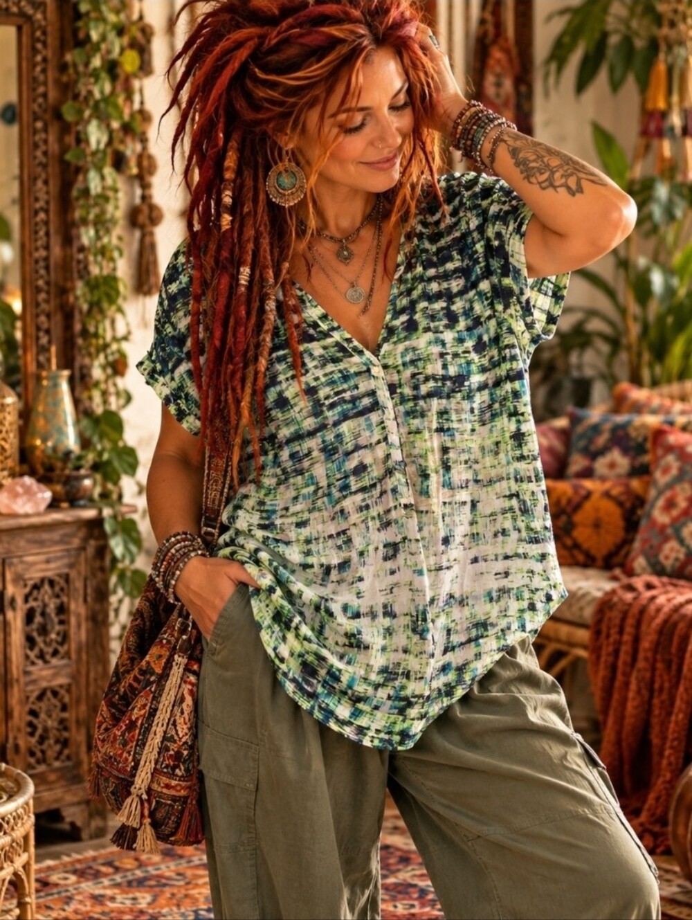 4/$15 a.n.a. L Abstract Print Blouse Tunic Boho Maximalist Artsy Eclectic Retro